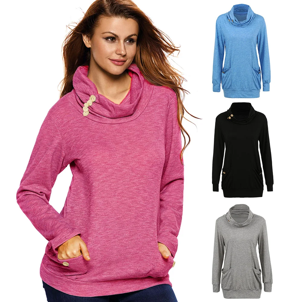 

Anself Plus Size 5XL Women Sweatshirts Turtle Neck Long Sleeve Button Pockets Pullover Long Loose Outwear Tops Oversized hoodie