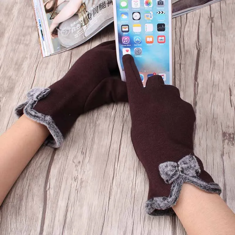 Модные зимние перчатки с бантиком Guantes милые плюшевые для девушек кашемировые