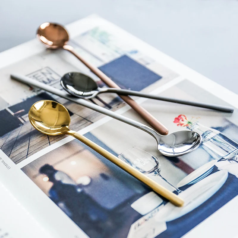 Stainless Steel Coffee Spoon Long Handle Stirring Teaspoon Cute Dessert Dinner Soup Spoons Cutlery Ice Cream Spoon Tableware