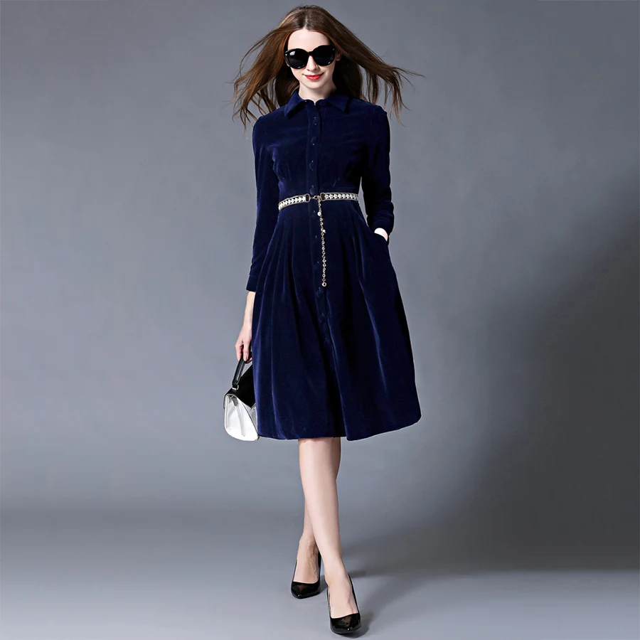 Осенне зимнее платье 2017 новое модное женское однобортное бархатное с длинным