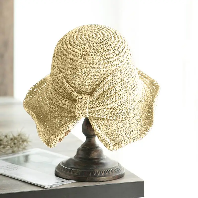 

Small along the Straw Hat Female Summer Simple Bow Leisure Bucket Hat Shopping Travel Crochet College Style Sun Hat