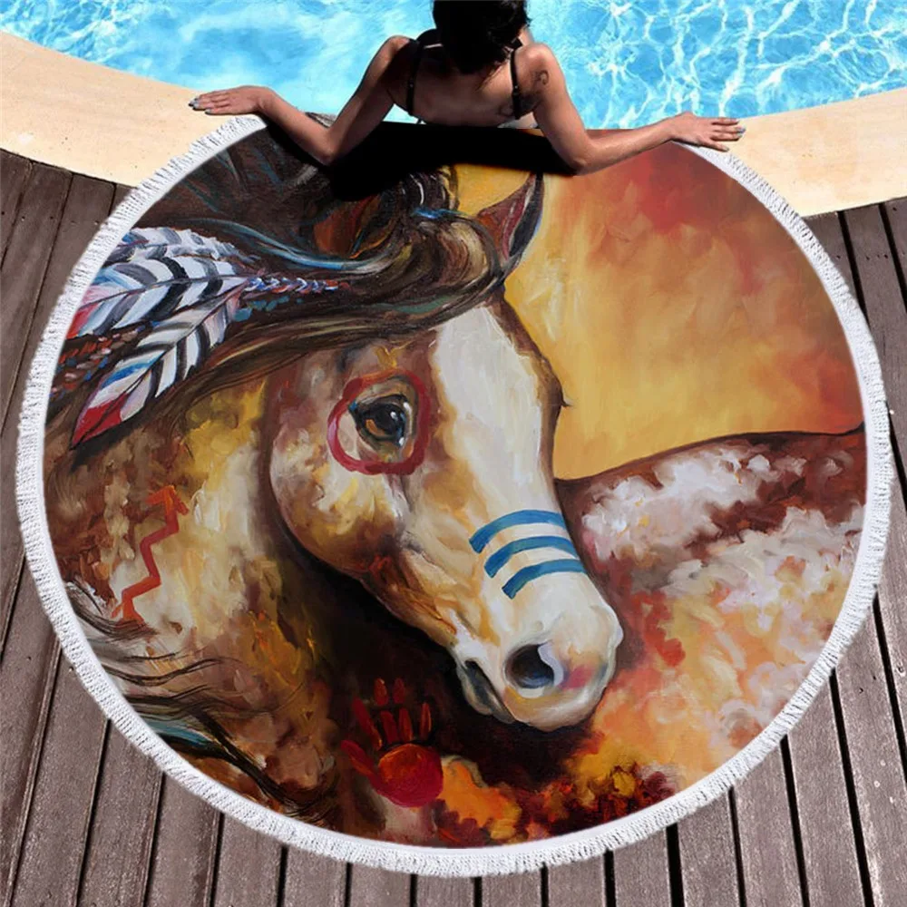 

Art Horse Colorful Painting Women Bath Towel for Beach Thick Round 3d print Fabric Quick Compressed Towel new style-6