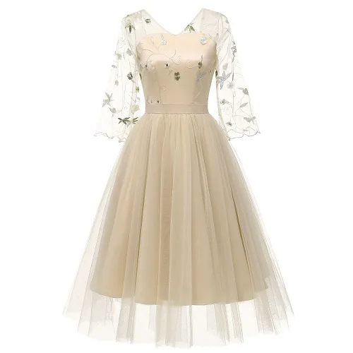 Light Apricot Dress Для женщин сезон: весна–лето Вечеринка цветочной вышивкой розовое платье принцессы видеть сквозь сетки кружева аппликация бежевый платья с открытой спиной - Цвет: Light Apricot Dress