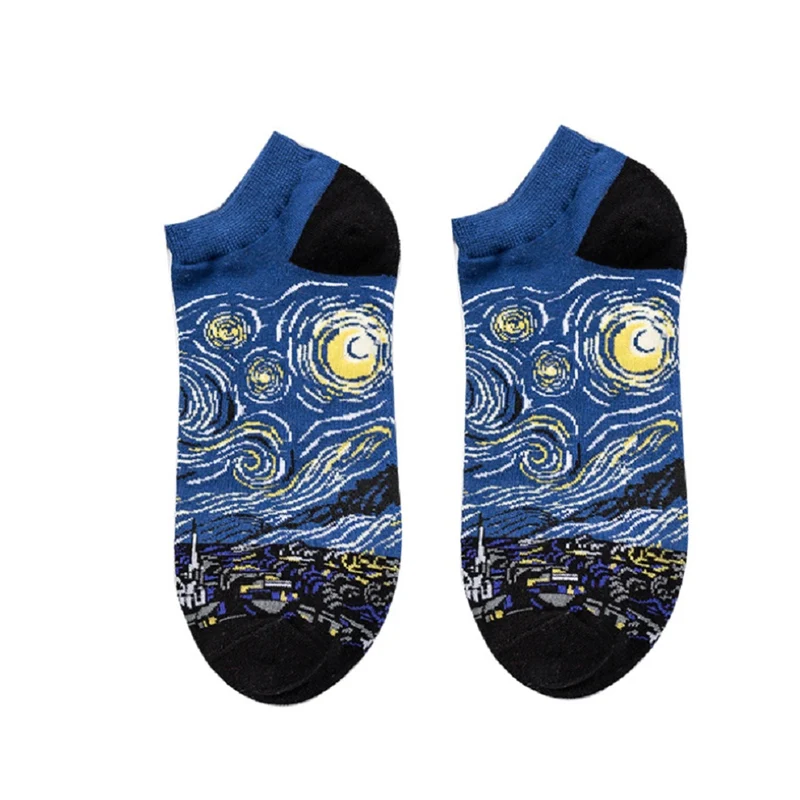 Starry Night Новинка; короткие носки в стиле ретро с 3D рисунком; тапочки; сезон лето; унисекс; для женщин и мужчин; забавная Новинка; Звездная ночь; винтажные тонкие носки; Лидер продаж - Цвет: Starry Night