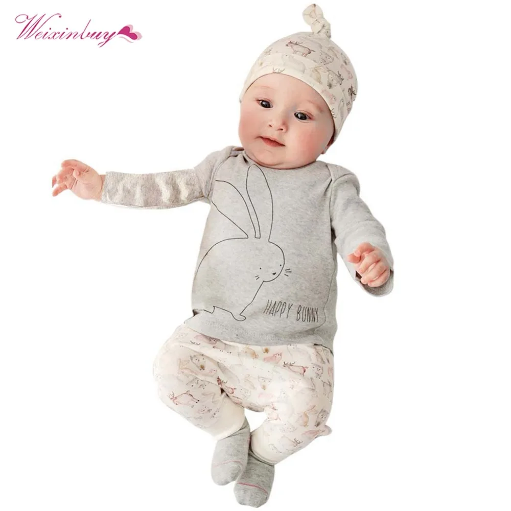WEIXINBUY 3Pcs Baby Clothes Sets Kids Cartoon Long Sleeve Set Bunny Pattern Top+Pants+Hat Outfits Casual 0-4Y |