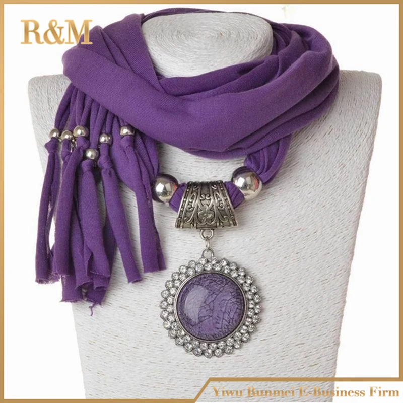 Long scarves pendant necklace women Oval shaped charm with big glass stones 5 color available round precious stone scarf |