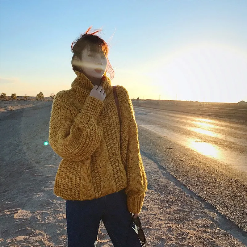 Autumn Winter Women Turtleneck Casual Sweater Loose Coarse Line Knitted Pullovers Fashion Large Size Solid | Женская одежда