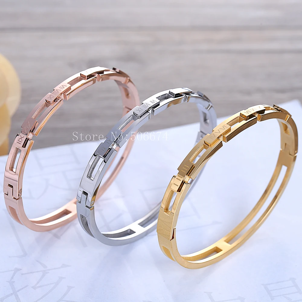 

Gold Inlay Luxury Brand Fine Jewelry Crystal Bracelet For Women Girl's Gift Roman Time Stainless Steel Bracelets & Bangles