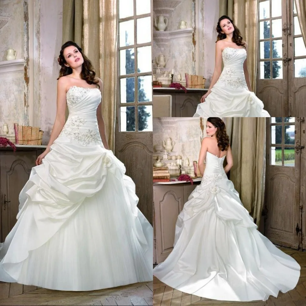 2015 New Style Strapless Wedding Dresses Sleeveless Beading Appliques Pleats Lace up Gowns Court Train Free Shipping | Свадьбы и