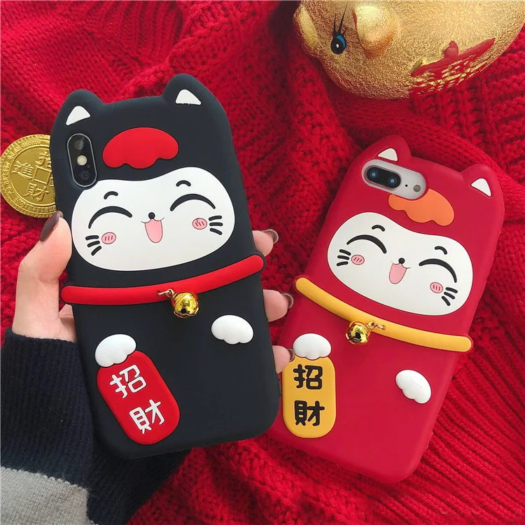 For iPhone XS max Lucky Cat Soft case for iphone 11 pro XR X 6 7 8 plus Maneki Neko Festive soft phone Small bell |