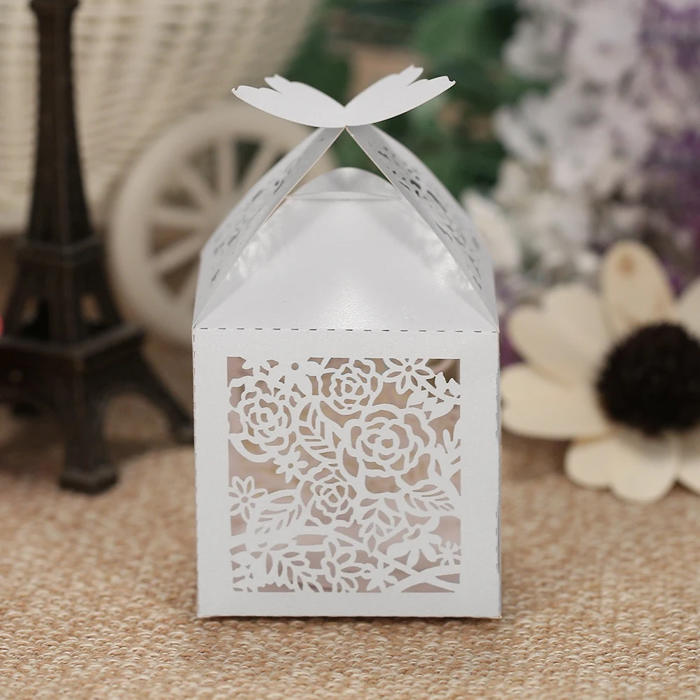 50 шт./компл. мини лазерная резка конфет коробка бумажный белого цвета с жемчугом