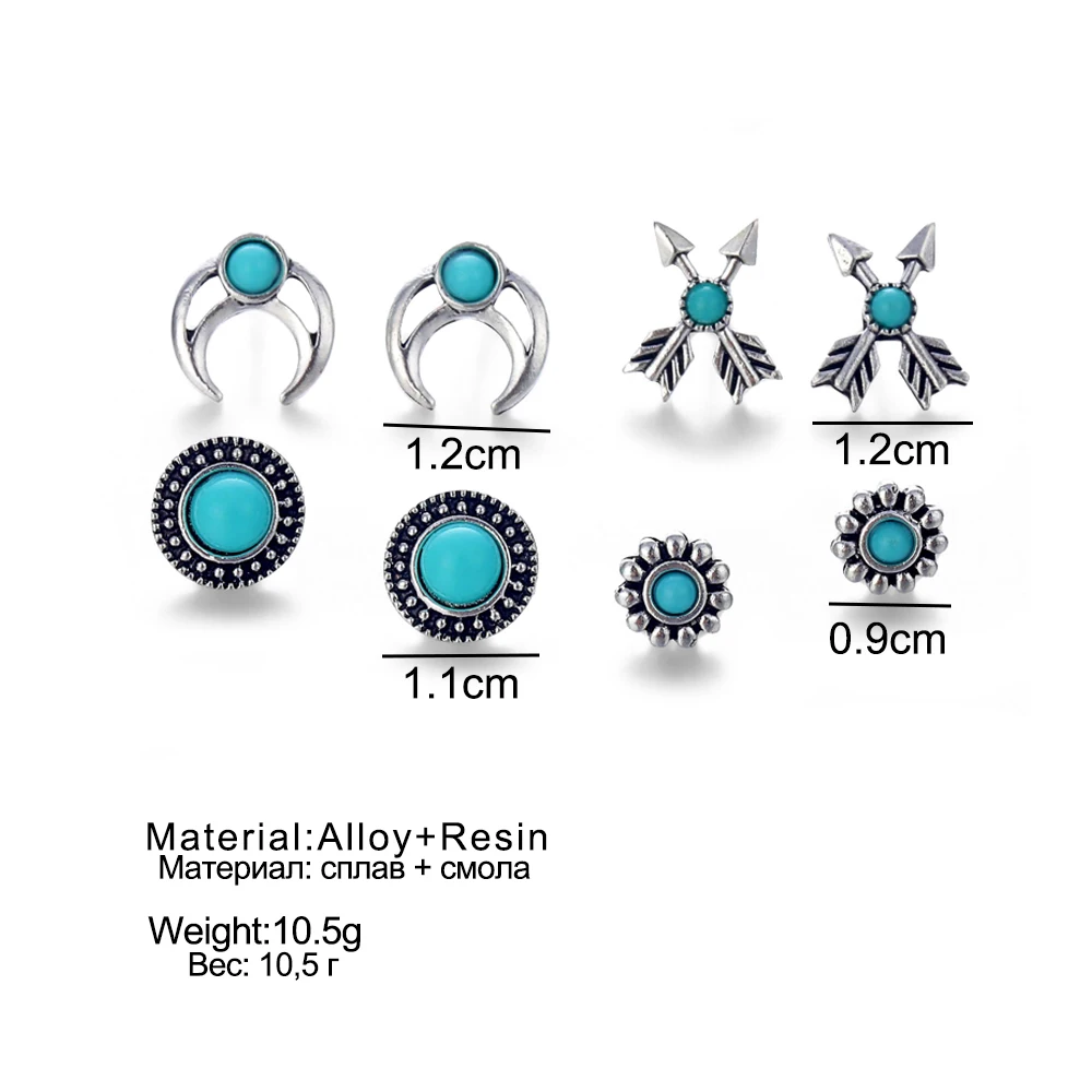 

4Pairs /Set Boho Cross Moon Flower Gem Silver Color Earrings Set Women Punk Stud Earrings Set Personality Party Clothing Jewelry