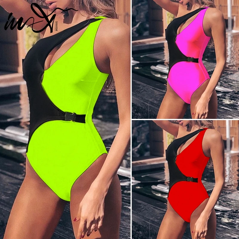 Неоновый купальник In-X цельное бикини с пряжкой женский монокини сексуальный на