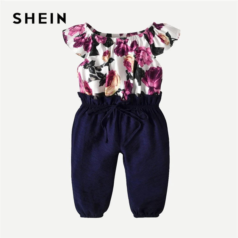SHEIN Kiddie/комбинезон с цветочным принтом для маленьких девочек; Детский комбинезон с завязками; коллекция года; комбинезон с короткими рукавами и вырезом-лодочкой для девочек; детские комбинезоны