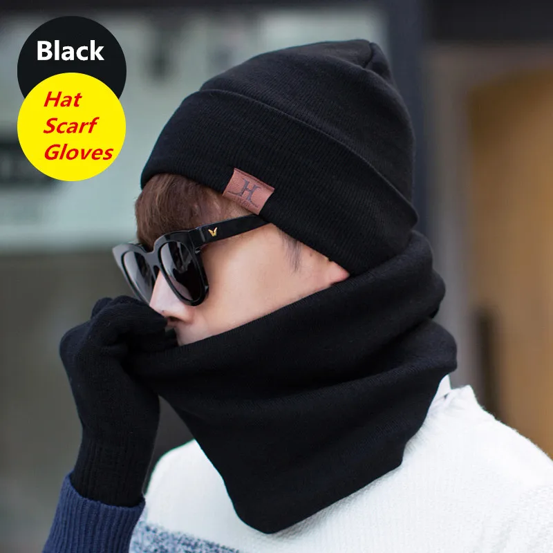 Men Hats Scarf Gloves Set Winter 2017 Hot Wool Knitted Hat Screen Touch Finger Sets Warm Accessories |