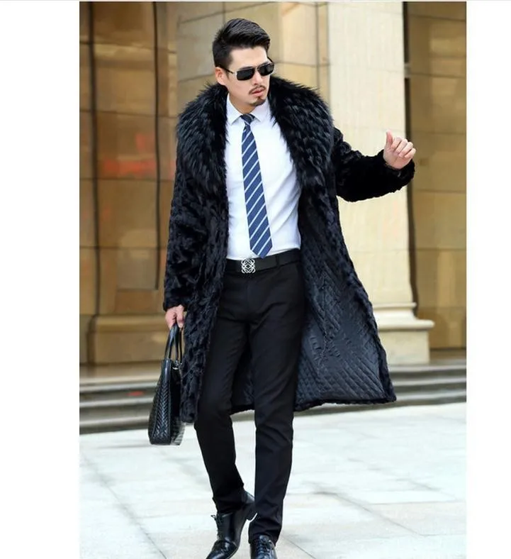 Мужская зимняя шуба из искусственного меха норки повседневная черная длинная