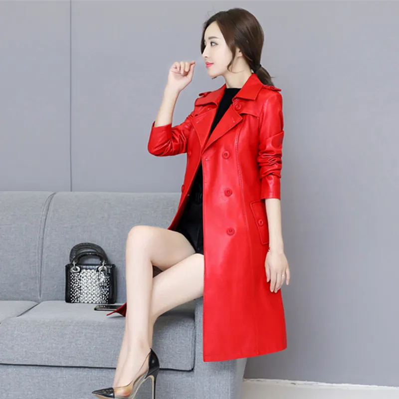 

Plus Size 4XL 5XL Autumn Ladies Motorcycle Coat Double-Breasted Long Leather Trench Coat Women Windbreaker Casaco Feminino C4838