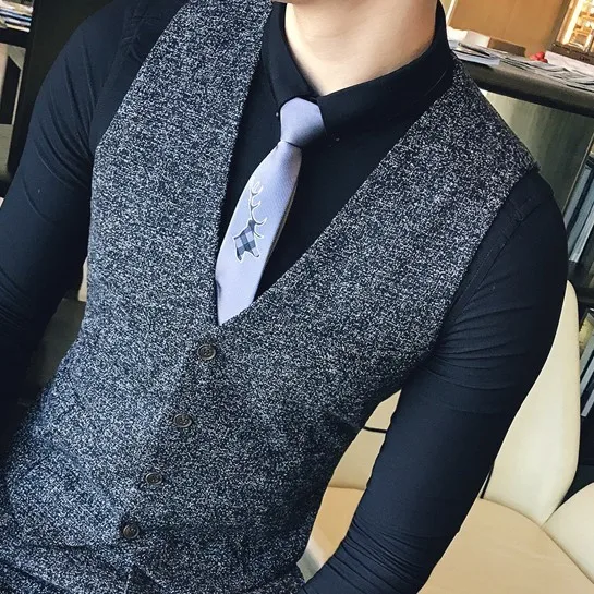 Only vest grey Мужской твидовый костюм, английский мужской черный серый осенний зимний Свадебный костюм, мужской полный комплект одежды - Цвет: Only vest grey