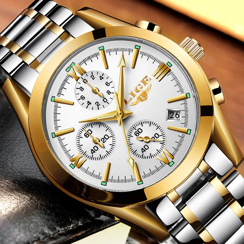 LIGE Топ Элитный бренд модные часы Для мужчин Нержавеющая сталь Кварцевые
