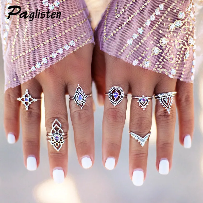 

PAGlisten 7Pcs/ Bohemian Ring Set Vintage Steampunk Cross flowers Anillos Ring Knuckle Rings for Women New Jewelry ZA136