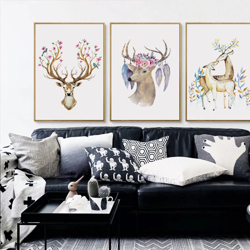 Elegant Poetry Watercolor Deer And Flower Bird Canvas Digital Painting Art Print Poster Picture Mural Home Bedroom Decoration | Дом и сад