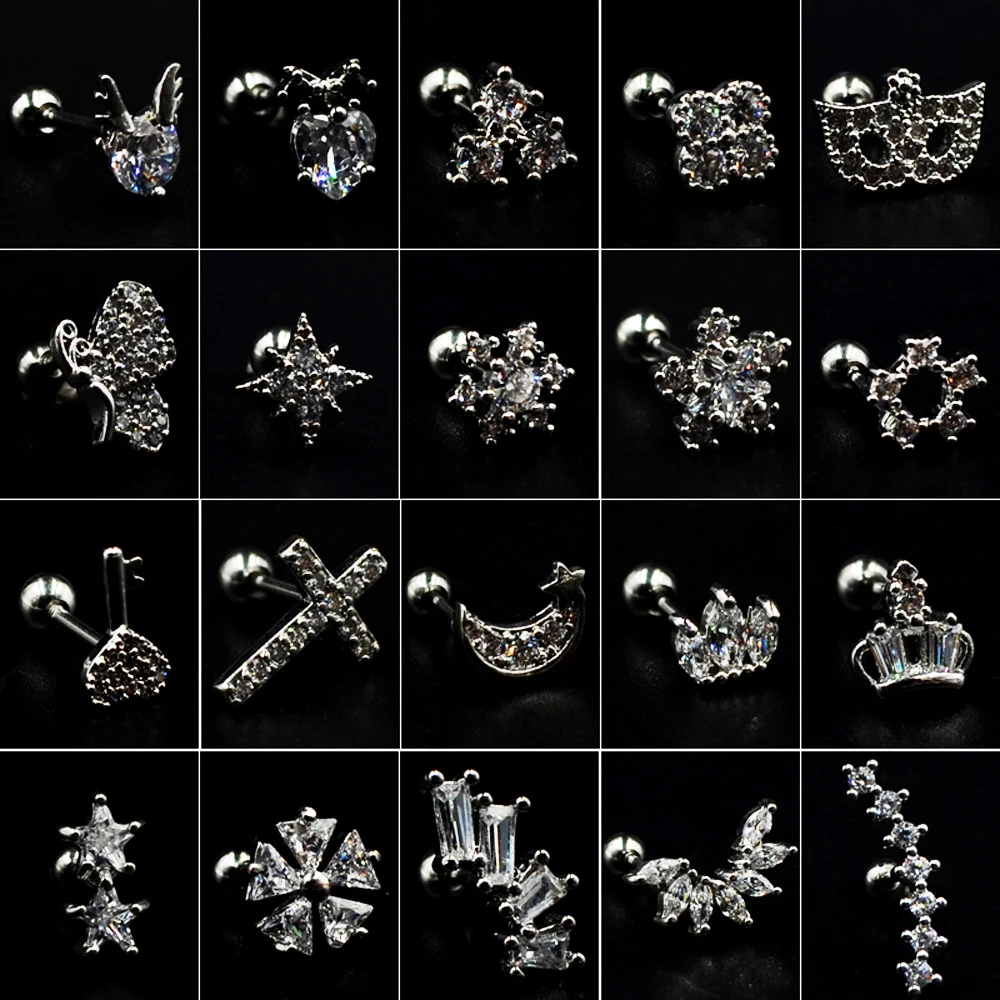 1 шт. хирургические стальные серьги гвоздики с кристаллами различных цветов