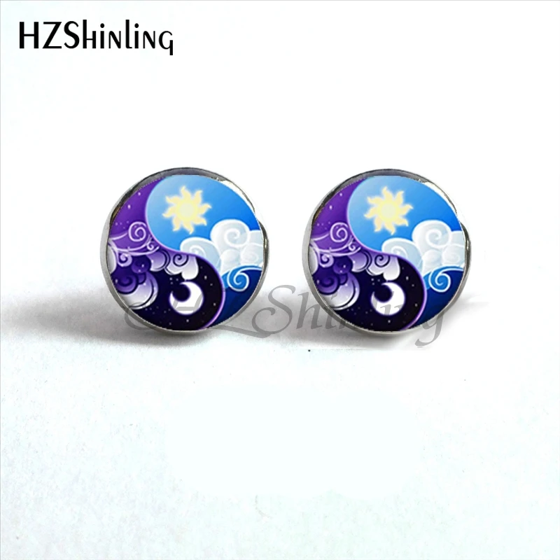 Серьги гвоздики NES 00100 Yin Ying Yang магический знак дзен стеклянные серьги с кабошоном