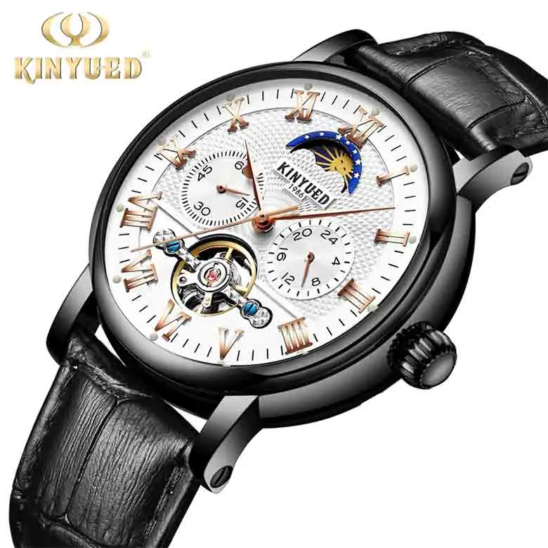 KINYUED Роскошные автоматические часы с фазой Луны для мужчин хронограф Tourbillon для мужчин s Скелет механические часы бренд Relogio Masculino - Цвет: White Black