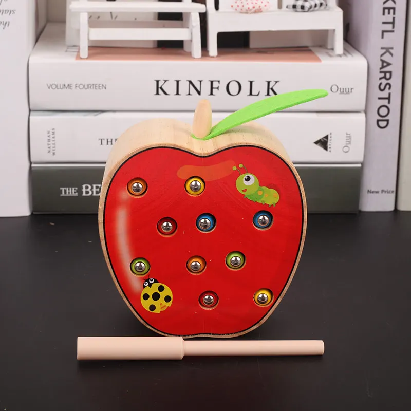 Apple Logwood деревянная игрушка для малышей обучающая и развивающая игрушка ловля насекомых игра Яблоко Груша помидор Клубника Фрукты подсчет математическая игрушка - Цвет: Apple