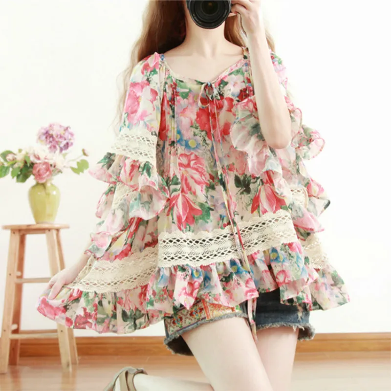 red floral Max LuLu Летняя мода роскошная женская готическая одежда женские повседневные топы и блузки сексуальные кружевные женские цветочные шифоновые рубашки - Цвет: red floral