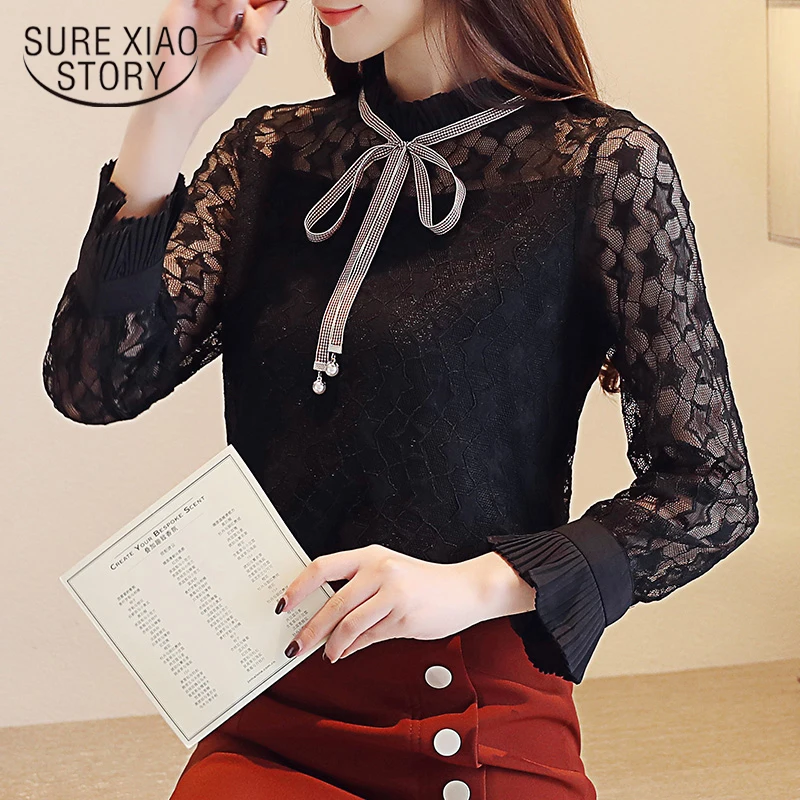 2018 осенние женские модные кружевные топы с длинными рукавами Женские и блузки