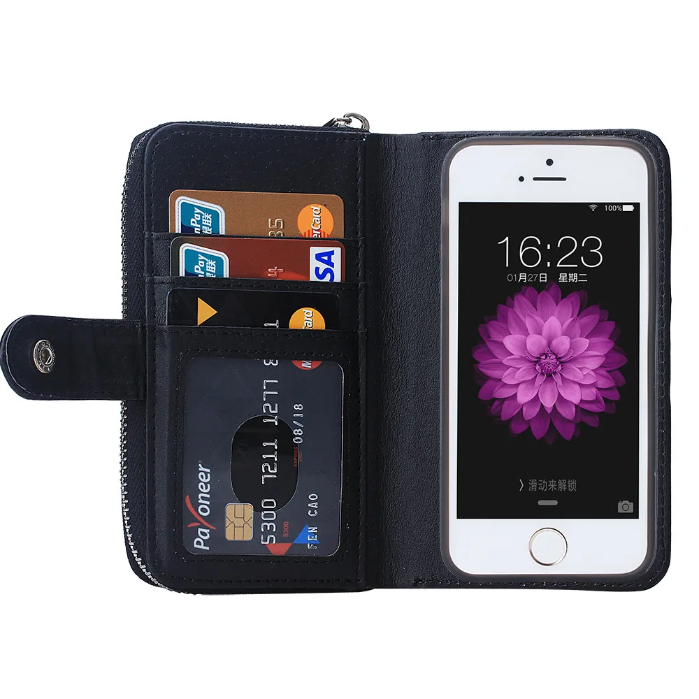 Для iphone 5S случае держателя карты кожаный чехол для iPhone 5 SE съемный молнии сумка