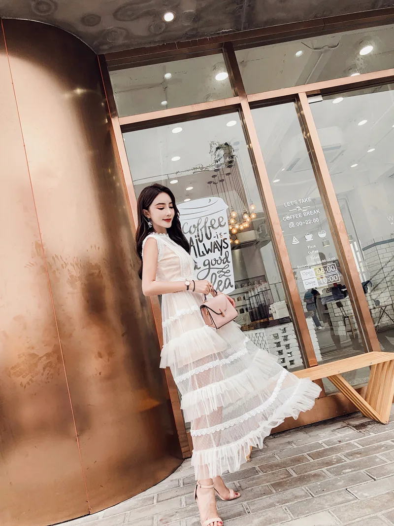 2018 новое летнее кружевное платье без рукавов тонкая талия многослойная