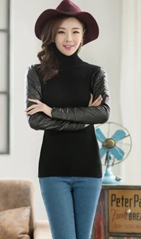 Black Turtleneck Женский жилет, хлопковый свитер с воротником-хомутом, рукава, утепленный свитер, кожаные Базовые Женские зимние свитера из искусственной кожи с рукавами в стиле пэчворк - Цвет: Black Turtleneck
