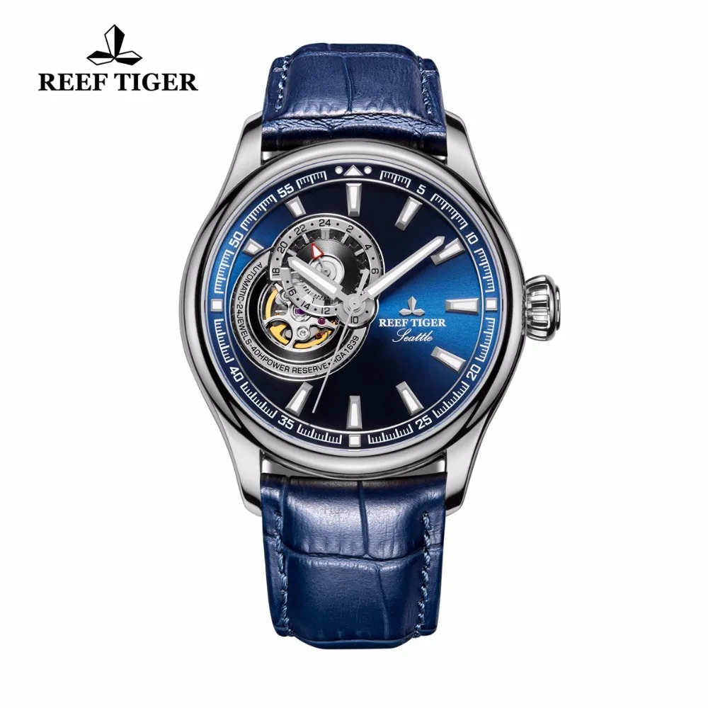 Мужские наручные часы Reef Tiger/RT повседневные из натуральной кожи с синим