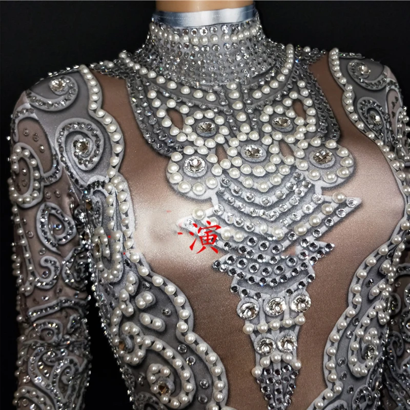 Модный серый, серебряный, стразы, комбинезон с длинными рукавами, сексуальный комбинезон, вечерние костюмы для сцены, празднования в джазовом стиле для ночного клуба, наряд