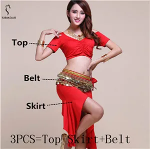 Red 3pcs Костюм для танца живота практическая одежда сценическая одежда для взрослых Восточный Болливуд индийский Топ Юбка Пояс тренировочная одежда 8 цветов - Цвет: Red 3pcs