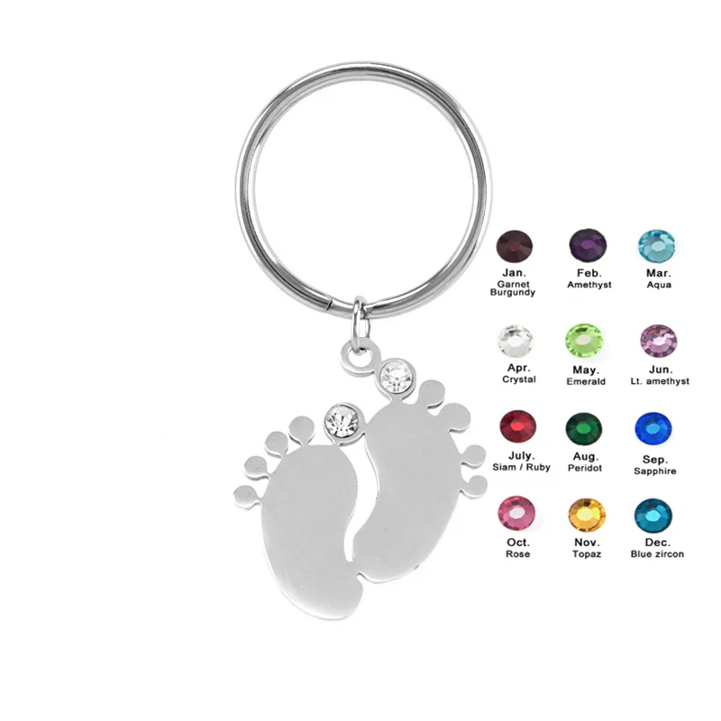 

100% Stainless Steel Key Chain Baby Foot Charm With Rhinestone Toe Key Ring Personalize Mirror Polished Wholesale 100pcs
