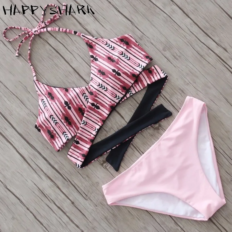 Wrap Body Bikinis Set 2018 New X Cross Bandage Halter Swimwear High Waisted Floral Printed Solid Strappy Push Up Swimsuit XL |