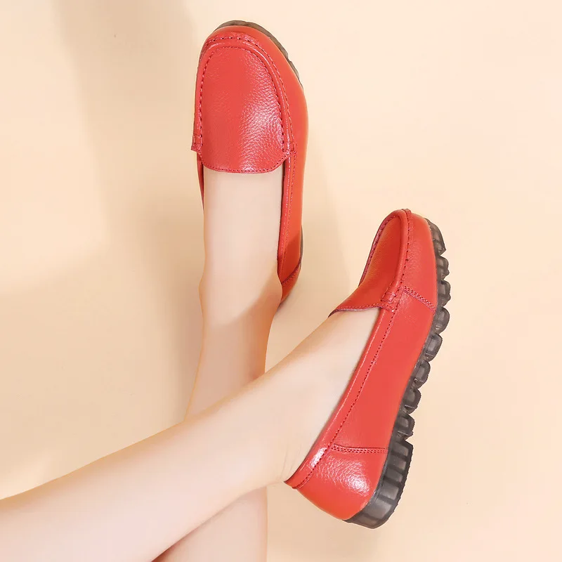 OUKAHUI White Soft Bottom Genuine Leather Flat Shoes Woman Casual Round Toe Solid Slip On Feminino Flats Comfort Ladies | Обувь