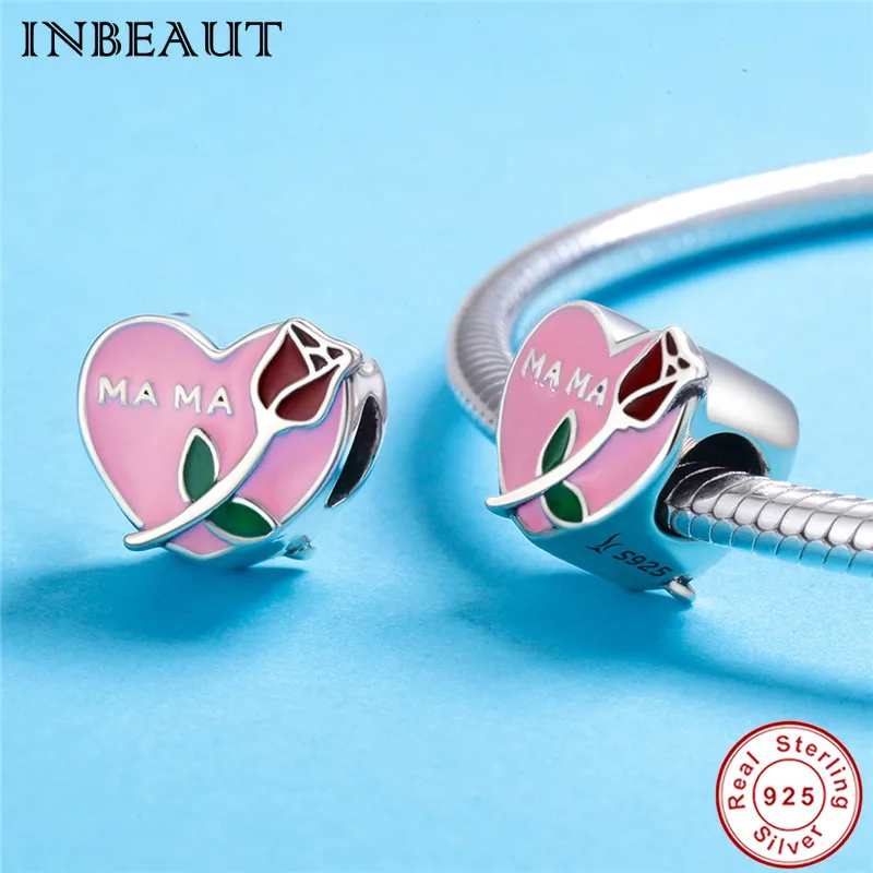 INBEAUT 100% Серебро 925 пробы розовое эмалированное сердце любовь мама роза подвески