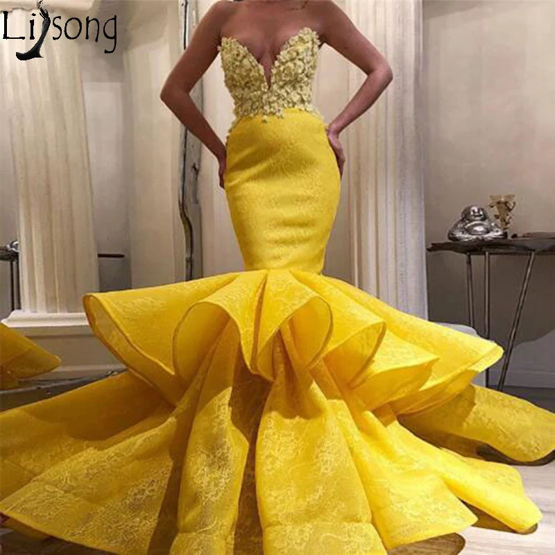 

Bright Yellow Mermaid Prom Dresses Chic Pleated Bottom Lace Evening Dress Sexy Sweetheart Zipper Back Party Gowns Abiye Wear
