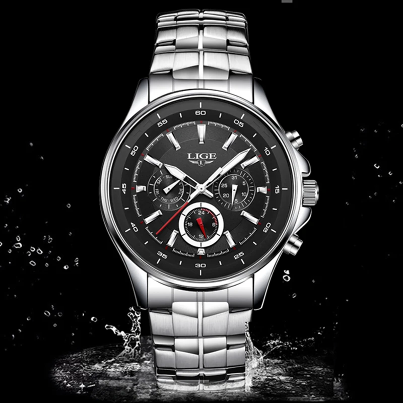 Роскошные брендовые LIGE Модные Бизнес Кварцевые часы мужские серебряные стальные