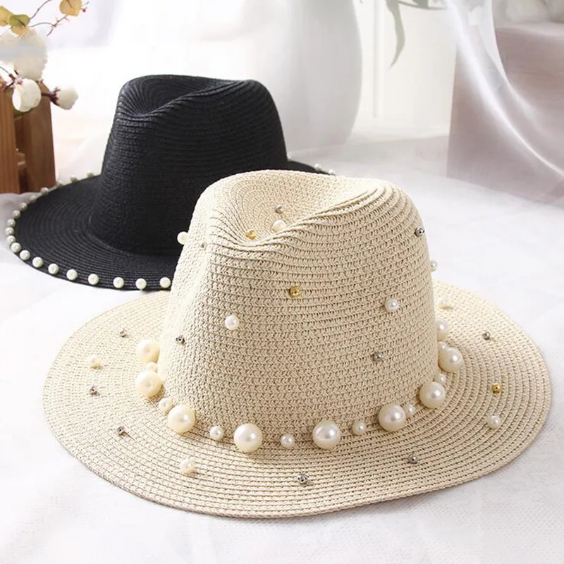 

2019 Summer girls British pearl beading flat brimmed straw hat Shading sun hat Lady beach hat