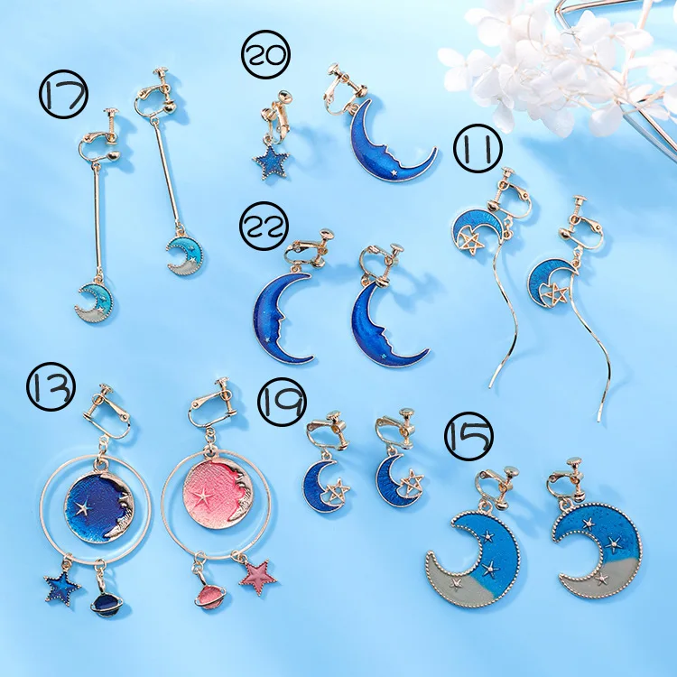 Японские серьги капельки с синими звездочками и луной ассиметричные планетарные
