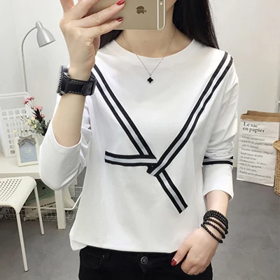 white t shirt Shintimes, женская футболка с длинным рукавом, полосатая, осень, женская модная одежда, повседневная женская футболка, Femme Camiseta Mujer - Цвет: white t shirt