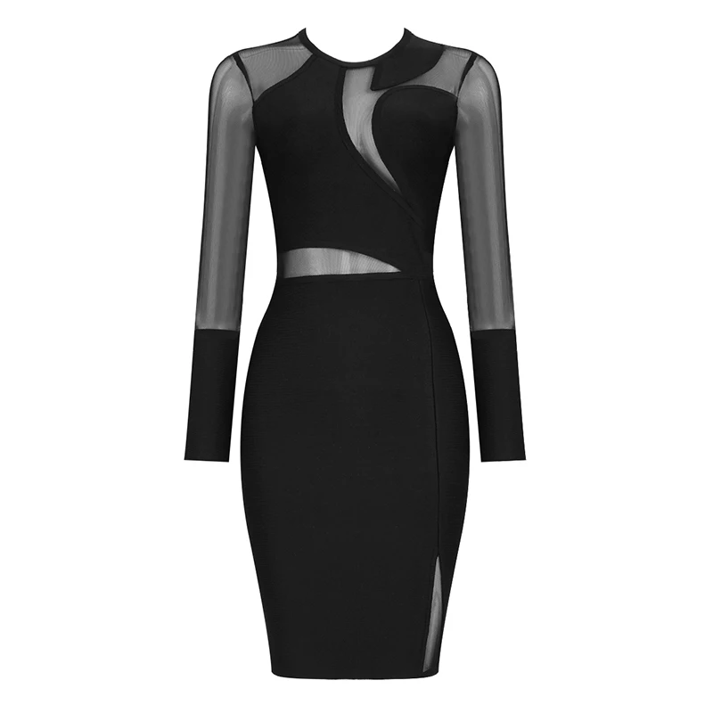 Высокое качество черный длинный сетчатый рукав выдалбливают Bodycon вискоза