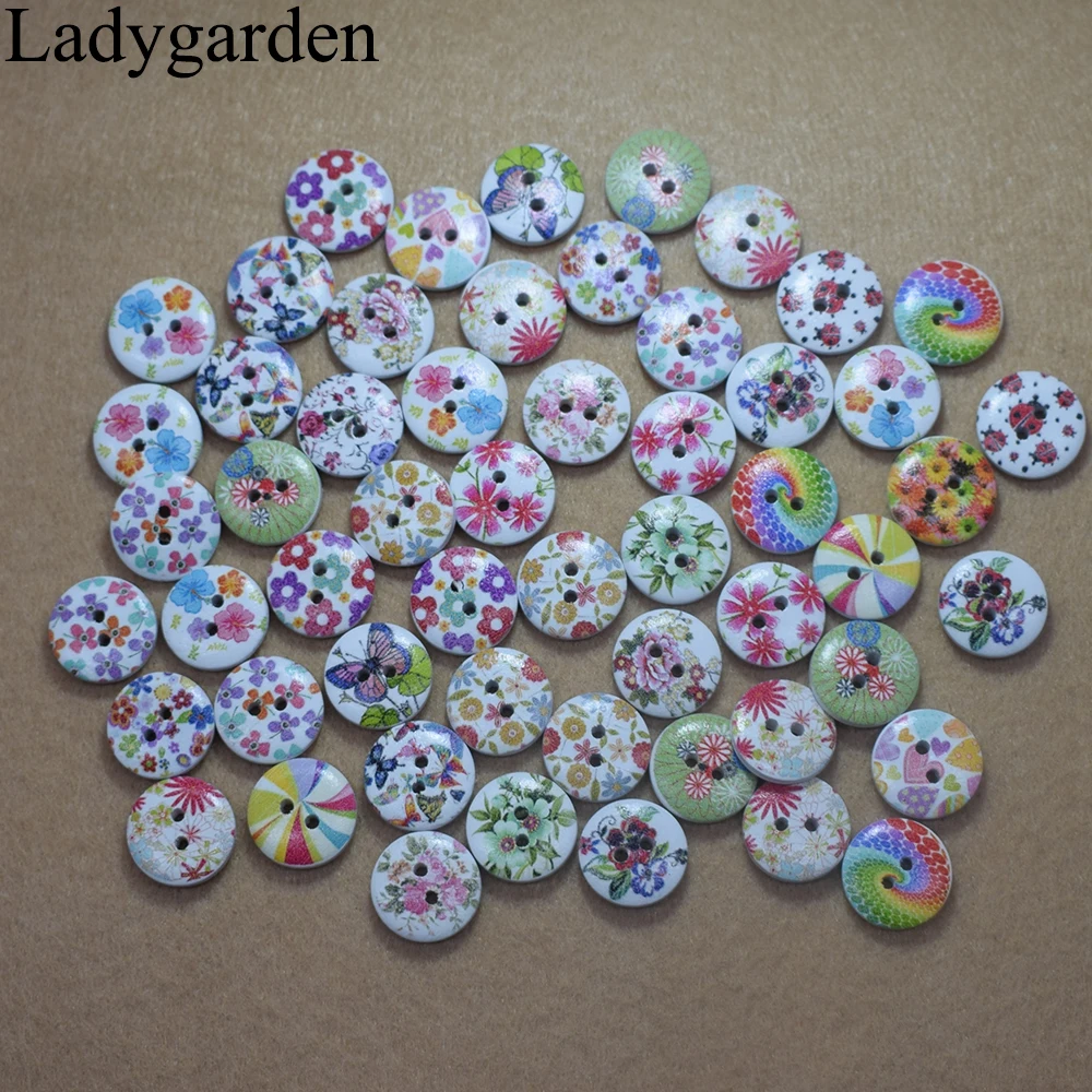 15mm 2 Eyes Printed Wood Colorful Round Wooden Buttons for Hat Shoes Clothes Diy Accessories Mixed Color 50PCS/Bag | Дом и сад