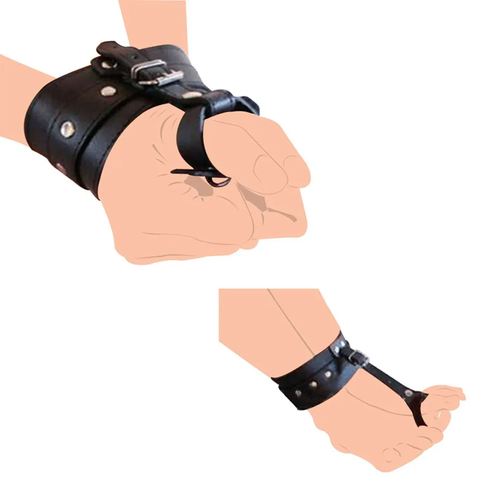 

camaTech PU Leather Hand Wrist to Thumbs Cuffs Bondage Belts Cosplay BDSM Ankle Wrist Hogtie Strap with Toes Restraints Sex Toys