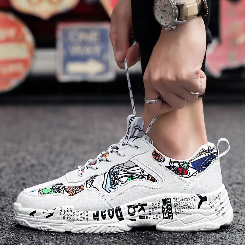 x brand hot sell white colorful graffiti printed chunky men shoes canvas trainers casual breathable platform canvas men sneakers free global shipping